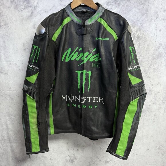 Kawasaki Ninja Monster Energy Leather Biker Jacket Padded Race Track - Picture 1 of 15